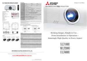 Page 1New publication effective Nov. 2011.
Specifications are subject to change without notice.
To find out more about  XL7100U/ WL7200U/UL7400U and other projectors,visit us at
Dimensions (unit: mm)
Front projection, ceiling mounting Front projection
* The above figures are approximate and may be slightly different from the actual measurements.Refer to the following table to determine the screen size and projection distance.Screen Size and Projection Distance
OptionsXL7100U
OL-XL7100SZ OL-XL7100LZ...