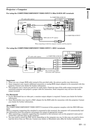 Page 11EN – 11
ENGLISH
For using the COMPUTER/COMPONENT VIDEO INPUT 2 (Mini D-SUB 15P) terminals
REMOTE
INREMOTE
OUTINPUT 1
INPUT 2R/PRB/PBG/Y H/HVV
AUDIO
IN
AUDIO
OUTY
CRS-232C RS-232C/MOUSEUSB
S-VIDEO
VIDEO
2
VIDEO
1
L
AUDIO
R MAIN
AC INTo COMPUTER IN
 (Mini D-SUB 15P)
To COMPUTER OUTPUT
When outputting to both the computes monitor and the projector. PC audio cable (option)
RGB cable for PC (option)
Computer
To COMPUTER AUDIO IN
To PC audio 
output
AUDIO OUT
MONITOR OUTPUT
To monitor port
For using the...