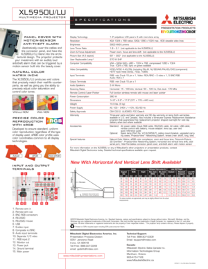 Page 2Display Technology 1.3 polysilicon LCD panel x 3 with micro-lens array
Resolution XGA 1024 x 768 native, SXGA 1280 x 1024 max., 600 viewable video lines
Brightness 5000 ANSI Lumens
Lens Throw Ratio 1.8 ~ 2.1  (not applicable to the XL5950LU)
Zoom & Focus Adjustment Power zoom, focus and lens shift  (not applicable to the XL5950LU)
Picture Size (4:3 aspect) 60 ~ 300  (not applicable to the XL5950LU)
User Replaceable Lamp* 270 W SHP
Computer Compatibility VGA ~ SXGA 640 x 480 ~ 1024 x 768, compressed 1280...