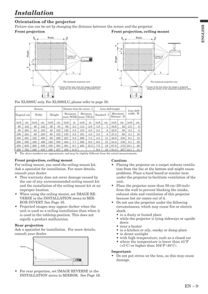 Page 9EN – 9
ENGLISH
Installation
Orientation of the projector
Picture size can be set by changing the distance between the screen and the projector.
Front projection
Front projection, ceiling mount
For ceiling mount, you need the ceiling mount kit.
Ask a specialist for installation. For more details,
consult your dealer.
•This warranty does not cover damage caused by
the use of any unrecommended ceiling mount kit
and the installation of the ceiling mount kit at an
improper location.
•When using the ceiling...