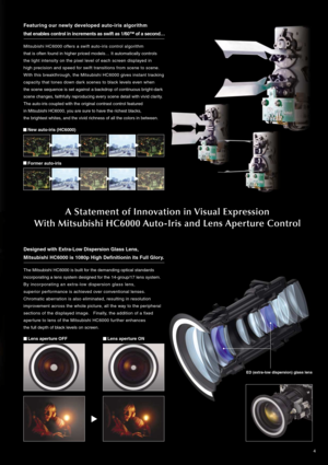 Page 4A Statement of Innovation in Visual Expression
With Mitsubishi HC6000 Auto-Iris and Lens Aperture Control
4
Mitsubishi HC6000 offers a swift auto-iris control algorithm 
that is often found in higher priced models… It automatically controls 
the light intensity on the pixel level of each screen displayed in 
high precision and speed for swift transitions from scene to scene.    
With this breakthrough, the Mitsubishi HC6000 gives instant tracking 
capacity that tones down dark scenes to black levels even...