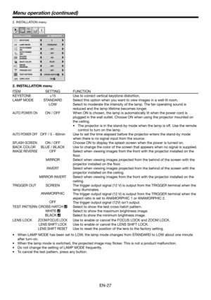 Page 27EN-27
2. INSTALLATION menu
ITEM SETTING FUNCTION
KEYSTONE ±15 Use to correct vertical keystone distortion.
LAMP MODE STANDARD Select this option when you want to view images in a well-lit room.
LOW Select to moderate the intensity of the lamp. The fan operating sound is 
reduced and the lamp lifetime becomes longer.
AUTO POWER ONON / OFF When ON is chosen, the lamp is automatically lit when the power cord is 
plugged in the wall outlet. Choose ON when using the projector mounted on 
the ceiling.
The...