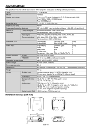 Page 44EN-44
The speciﬁ cations and outside appearance of the projector are subject to change without prior notice.
Type LCD projector
Model HC6500
Display technology 0.74-inch LCD panel: 3 pieces (for R, G, B) (aspect ratio 16:9)
Pixel: 1920 x 1080 = 2073600 pixels
Total 6220800 pixels
Projection lens F 1.8 - 2.3  f= 23.5 - 37.6 mm
Light-source lamp 160 W
Image size (projection distance) 50” min. to 300” max. (projection distance 1.5 to 9.5 m (max. Zoom))
Maximum 
resolutionComputer signal Maximum resolution:...