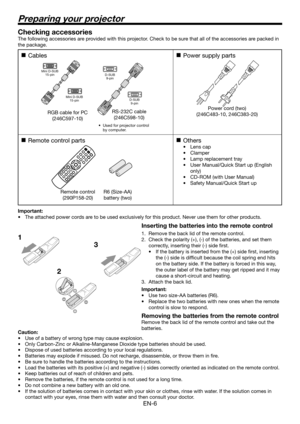 Page 6EN-6
23
Checking accessories
The following accessories are provided with this projector. Check to be sure that all of the accessories are packed in 
the package.
Cables 
„
Mini D-SUB 
15-pin
Mini D-SUB 15-pin D-SUB 
9-pin
D-SUB 9-pin
RGB cable for PC 
(246C597-10)  RS-232C cable 
(246C598-10)
Used for projector control 
•	
by computer.
Power supply parts 
„
Power cord (two) 
(246C483-10, 246C383-20)
Remote control parts 
„
Remote control 
(290P158-20) R6 (Size-AA) 
battery (two) 
Others...