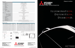 Page 1MITSUBISHI HOME THEATER PROJECTOR 
Vertical direction
Dimensions
Horizontal direction
Screen
25%
Maximum shift
Maximum shift
Left shiftScreen width (W)
Right shift
5%5%
25%
50%
50%
Screen height (H)
Specifications
Projection system
Panel size
Number of pixels
Drive system
Array
Zoom / focus operation
Lens shift
Throw ratio
Projection lens
Light source lamp
Optical system
Iris
Brightness (lm)
Contrast ratio
Resolution
Video
PC
Video
Serial / RS-232C standard
Trigger terminal
Digital keystone
Fan noise...
