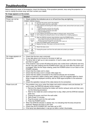 Page 46EN-46
Before asking for repair of the projector, check the following. If the symptom persists, stop using the projector, be 
sure to unplug the power plug, and then contact your dealer.
No image appears on the screen.
ProblemSolution
Power can not be 
turned on.
•	 Check	whether	the	indicators	are	on	or	off	and	how	they	are	lightning.
POWERSTATUSSolution
OffOff•	 Connect	the	power	cord	to	the	projector.
•	 Plug	the	power	cord	into	a	wall	outlet.
Steady red
Off
•	 If	any	objects	are	blocking	the	intake	or...