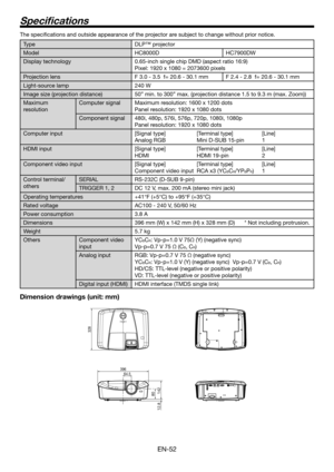 Page 52EN-52
The specifications and outside appearance of the projector are subject to change without prior notice.
TypeDLP™ projector
ModelHC8000DHC7900DW
Display technology0.65-inch single chip DMD (aspect ratio 16:9)
Pixel: 1920 x 1080 = 2073600 pixels
Projection lensF 3.0 - 3.5  f= 20.6 - 30.1 mmF 2.4 - 2.8  f= 20.6 - 30.1 mm
Light-source lamp240 W
Image size (projection distance)50” min. to 300” max. (projection distance 1.5 to 9.3 m (max. Zoom))
Maximum 
resolution
Computer signalMaximum resolution: 1600...