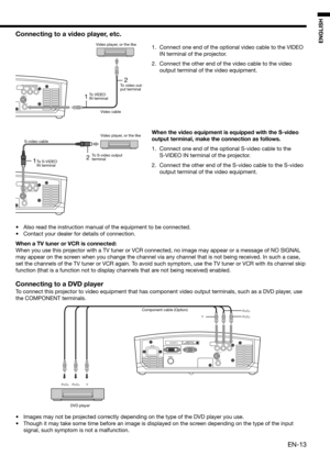 Page 13EN-13
ENGLISH
COMPONENT VIDEO IN
PB/CBY PR/CR 
PB/CB
Y
PR/CR
S-VIDEO IN
VIDEO IN
12
S-VIDEO IN
COMPONENT VIDEO IN
VIDEO IN
COMPONENT VIDEO IN
12VIDEO IN S-VIDEO IN
Connecting to a video player, etc.
1.  Connect one end of the optional video cable to the VIDEO 
IN terminal of the projector. 
2.  Connect the other end of the video cable to the video 
output terminal of the video equipment. 
•  Also read the instruction manual of the equipment to be connected. 
•  Contact your dealer for details of...