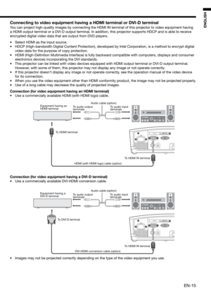 Page 15EN-15
ENGLISH
Connecting to video equipment having a HDMI terminal or DVI-D terminal
You can project high-quality images by connecting the HDMI IN terminal of this projector to video equipment having 
a HDMI output terminal or a DVI-D output terminal. In addition, this projector supports HDCP and is able to receive 
encrypted digital video data that are output from DVD players.
•  Select HDMI as the input source. 
•  HDCP (High-bandwidth Digital Content Protection), developed by Intel Corporation, is a...