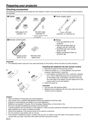 Page 6EN-6
Preparing your projector
CablesPower supply parts
RGB cable for PC
(246C521-10) 
Mini D-SUB
15-pin
Mini D-SUB
15-pinD-SUB 9-pin
8-pin
RS-232C cable 
(246C508-10)
•  Used for projector control 
by computer.
Power cord (two)
(246C483-10, 246C383-20)
Remote control parts
Remote control
(290P133-30)R03 (Size-AAA) 
battery (two) 
Others
•  Lens cap (Attached to the 
projector)
•  User manual/Quick Start up 
(English only) (871D423-80)
•  CD-ROM (with User manual) 
(919C137-90)
•  Safety manual/Quick...