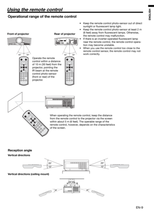 Page 9EN-9
ENGLISH
30° 30°30° 30°
Using the remote control
20°
10°20°
10°
20˚20˚
Operational range of the remote control
•  Keep the remote control photo-sensor out of direct 
sunlight or ﬂ uorescent lamp light.
•  Keep the remote control photo-sensor at least 2 m  
(6 feet) away from ﬂ uorescent lamps. Otherwise, 
the remote control may malfunction.
•  If there is an inverter-operated ﬂ uorescent lamp 
near the remote control, the remote control opera-
tion may become unstable.
•  When you use the remote...