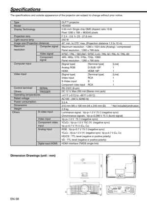 Page 38EN-38
Speci cations
The speciﬁ cations and outside appearance of the projector are subject to change without prior notice.
Ty p e   
Model 
Display Technology
 
Projection lens 
Light-source lamp 
Image size (Projection distance)
Maximum  
resolution Computer signal
 
Video signal 
Component  
signal
 
Computer input   
Video input 
  
Control terminal/
Others
S-video input
Video input
Component video 
input
Analog input
 
Digital input (HDMI)
DLP™ projector
HD4000
0.65-inch Single chip DMD (Aspect ratio...