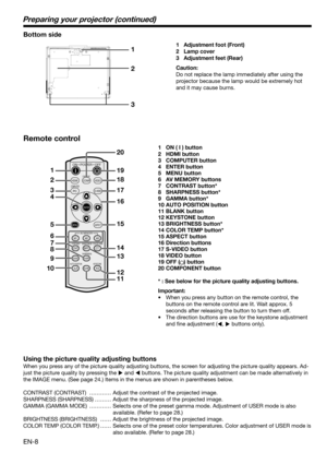 Page 8EN-8
ON
HDMI
PC
COMP
CONTRAST
ASPECT
CNT
M1AV MEMORY
BRIGHTNESSBRT
M2COLOR TEMPC. T.
GAMMASHARPNESSSHARP
AUTO POSITIONA.P.KEYSTONEBLANKKS
M3
VIDEO
S-VIDEO
POWER OFF
COMPUTER
COMPONENT
ENTER
MENU
1
2
3
4
5
6
7
9 8
1019 20
18
17
16
15
14
13
12
11
1
2
3
Preparing your projector (continued)
Bottom side
1 Adjustment foot (Front)
2 Lamp cover
3 Adjustment feet (Rear)
Caution:
Do not replace the lamp immediately after using the 
projector because the lamp would be extremely hot 
and it may cause burns.
Remote...