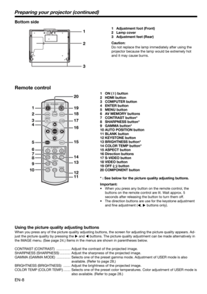 Page 8EN-8
ON
HDMI
PC
COMP
CONTRAST
ASPECT
CNT
M1AV MEMORY
BRIGHTNESSBRT
M2COLOR TEMPC. T.
GAMMASHARPNESSSHARP
AUTO POSITIONA.P.KEYSTONEBLANKKS
M3
VIDEO
S-VIDEO
POWER OFF
COMPUTER
COMPONENT
ENTER
MENU
1
2
3
4
5
6
7
9 8
1019 20
18
17
16
15
14
13
12
11
1
2
3
Preparing your projector (continued)
Bottom side
1 Adjustment foot (Front)
2 Lamp cover
3 Adjustment feet (Rear)
Caution:
Do not replace the lamp immediately after using the 
projector because the lamp would be extremely hot 
and it may cause burns.
Remote...