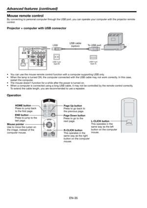 Page 35EN-35
Mouse remote control
By connecting to personal computer through the USB port, you can operate your computer with the projector remote 
control. 
Projector + computer with USB connector
Operation
•  You can use the mouse remote control function with a computer supporting USB only. 
•  When the lamp is turned ON, the computer connected with the USB cable may not work correctly. In this case, 
restart the computer.
•  The mouse doesn’t function for a while after the power is turned on. 
•  When a...