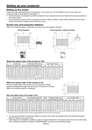 Page 10EN-10
Setting up your projector
Setting up the screen
Install the screen perpendicularly to the projector. If the screen can not be installed in such a way, adjust the 
projection angle of the projector. (See page 11.)
•  Install the screen and projector so that the projector’s lens is placed at the same height and horizontal position of 
the screen center. 
•  Do not install the screen where it is exposed to direct sunlight or lighting. Light directly reﬂ ecting on the screen 
makes the projected images...