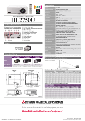 Page 245671
1011
23
89
L-188-8-B8094-A KYO-0808  Printed in Japan(MDOC)New publication, effective Aug. 2008
Specifications subject to change without notice.
Specifications
Input and Output Terminals
Options
Option Lens Line-up
1234567891011
*All brand names and product names are trademarks, registered trademarks or trade names of their respective holders.
HL2750U
0.8” 3-LCD (with Micro Lens)
1400x1050 (
total 1,470,000 pixels)
3100lm
600 
: 
1 (
on/off)
f=24-29mm, F1.7-1.9
1.47-1.77
9up : 1down (
No variable...