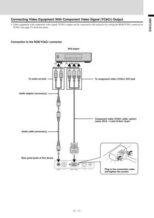 Page 13E – 11
ENGLISH
AUDIOMOUSERGB / YCbCrVIDEO S-VIDEO
Connecting Video Equipment With Component Video Signal (YCbCr) Output
• Video equipment with component video signal (YCbCr) output can be connected to this projector by setting the RGB/YCbCr connector to
YCbCr (see page 27) from the menu.
Connection to the RGB/YCbCr connector
To audio out jack
Audio adaptor (accessory)
Audio cable (accessory)DVD player
To component video (YCbCr) OUT jack
Component cable (YCbCr cable: option)
Jacks: RCA × 3 mini D-Sub...