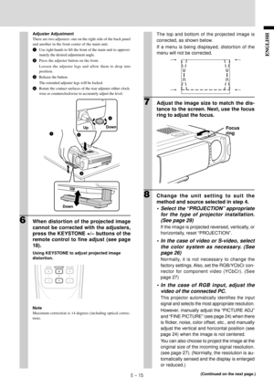 Page 17E – 15
ENGLISH
Adjuster Adjustment
There are two adjusters: one on the right side of the back panel
and another in the front center of the main unit.
1Use right hands to lift the front of the main unit to approxi-
mately the desired adjustment angle.
2Press the adjuster button on the front.
Loosen the adjuster legs and allow them to drop into
position.
3Release the button.
The extended adjuster legs will be locked.
4Rotate the contact surfaces of the rear adjuster either clock-
wise or counterclockwise...