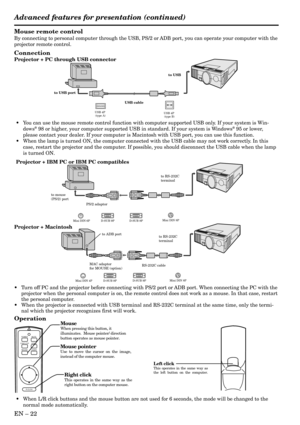 Page 22EN Ð 22
Mouse remote control
By connecting to personal computer through the USB, PS/2 or ADB port, you can operate your computer with the
projector remote control.
Connection
Projector + PC through USB connector
Operation
MAC adaptor
for MOUSE (option)
to ADB port
D-SUB 9P Mini DIN 4P
RS-232C cable
D-SUB 9P
to RS-232C
terminal
Mini DIN 8P
Projector + Macintosh
Right click
This operates in the same way as the 
right button on the computer mouse.
Mouse pointerUse to move the cursor on the image, 
instead...