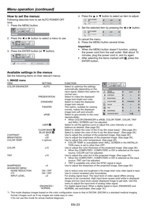 Page 23EN-23
Available settings in the menus
Set the following items on their relevant menus.  
1. IMAGE menu
ITEM SETTING FUNCTION
COLOR ENHANCER  AUTO  Select to optimize the settings 
automatically depending on the 
input signal. (Select this option for 
normal use.)
  PRESENTATION  Select to make the displayed 
image look bright and crisp.
  STANDARD  Select to make the displayed 
image look natural.
  THEATER  This option, suitable for viewing 
movies, makes the displayed 
image look soft and smooth....