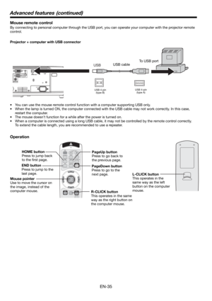 Page 35EN-35
Mouse remote control
By connecting to personal computer through the USB port, you can operate your computer with the projector remote 
control. 
Projector + computer with USB connector
Operation
•  You can use the mouse remote control function with a computer supporting USB only. 
•  When the lamp is turned ON, the computer connected with the USB cable may not work correctly. In this case, 
restart the computer.
•  The mouse doesn’t function for a while after the power is turned on. 
•  When a...