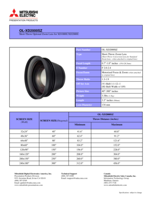 Page 1Part Number  OL-XD2000SZ 
Type Short-Throw Zoom Lens  (Short Throw Conversion Lens for Standard 
Zoom Lens—when attached to original lens)  
Focal Length  0.7”-1.0” inches  (19.6-26.5mm)  
F Number  F 2.0-2.4 
Focus/Zoom  Motorized Focus & Zoom (when attached 
to original lens)  
Throw Ratio  1.3-1.9 
Off Set Axis (V) Shift 1:1-12:-1 
(H) Shift Width +/-10% 
Picture Size  40”-300” inches   
Weight  3.3lbs (1.5kg)  
Length 3.3” inches (84mm) 
Lens Diameter  134 mm 
SCREEN SIZE(Diagonal) 
OL-XD2000SZ...