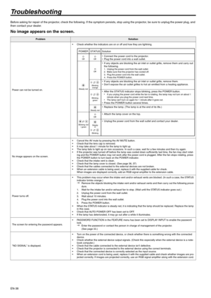 Page 38EN-38
Troubleshooting
Before asking for repair of the projector, check the following. If the symptom persists, stop using the projector, be sure to unplug the power plug, and 
then contact your dealer.
No image appears on the screen.
 
ProblemSolution
Power can not be turned on. Check whether the indicators are on or off and how they are lightning. 
No image appears on the screen. Cancel the AV mute by pressing the AV MUTE button.
 Check that the lens cap is removed.
 It may take about 1 minute for...