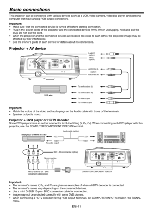 Page 11EN-11
Basic connections
This projector can be connected with various devices such as a VCR, video camer\
a, videodisc player, and personal 
computer that have analog RGB output connectors.
Important: 
•	 Make	sure	that	the	connected	device	is	turned	off	before	starting	connection.
•	 Plug	in	the	power	cords	of	the	projector	and	the	connected	devices	firmly.	When	unplugging,	hold	and	pull	the	
plug. Do not pull the cord.
•	 When	the	projector	and	the	connected	devices	are	located	too	close	to	each	other,...