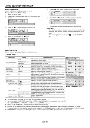 Page 22EN-22
Menu operation (continued)
Basic operationSeveral  settings can be adjusted using the menu.
Example :  Auto po wer of f time  setting
1. Press the MENU  button.
2. Select the DET AIL MENU and pr ess the ENTER  button  (or 
 
bu tton) .
3. Press the 
 or   button to select INS TALLA TION. 
4. Press the ENTER  button (or 
 bu tton). 5.
Press the 
 or   button to select  AUTO PO WER OFF .
6. Press the 
 or   bu tton to adjust the auto po wer off time.
7. Exit the me nu by pr essing the MENU  button se...