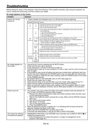 Page 42EN-42
Troubleshooting
Before asking for repair of the projector, check the following. If the symptom persists, stop using the projector, be 
sure to unplug the power plug, and then contact your dealer. 
No image appears on the screen. 
Problem Solution
Power can not be 
turned on.•  Check whether the indicators are on or off and how they are lightning.
 
•  If any objects are blocking the air inlet or outlet grille, remove them.
•  Don't expose the air outlet grilles to hot air emitted f
•  Check...