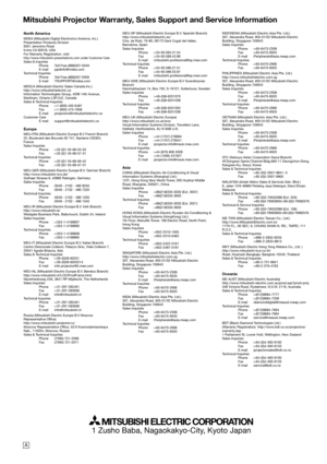 Page 481 Zusho Baba, Nagaokakyo-City, Kyoto Japan
MITSUBISHI ELECTRIC CORPORATION
A
Mitsubishi Projector Warranty, Sales Support and Service Information
North AmericaMDEA (Mitsubishi Digital Electronics America, Inc.)
Presentation Products Division
9351 Jeronimo Road
Irvine CA 92618, USA
For Warranty Registration, visit:
http://www.mitsubishi-presentations.com under Customer CareSales & Inquiries
  Phone  :Toll Free (888)307-0349
 E-mail :ppdinfo@mdea.com
Technical Inquiries
  Phone  :Toll Free (888)307-0309...