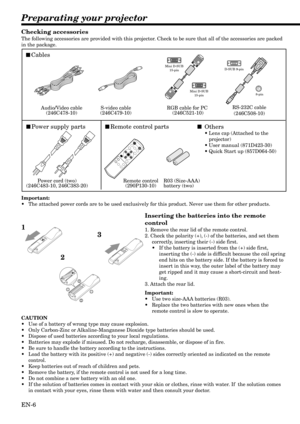 Page 6EN-6
Preparating your projector
Cables
Power supply partsRemote control parts
Power cord (two)
(246C483-10, 246C383-20)Remote control
(290P130-10)R03 (Size-AAA) 
battery (two) RS-232C cable
(246C508-10)
RGB cable for PC 
(246C521-10) S-video cable
(246C479-10) Audio/Video cable
(246C478-10)
Others
•Lens cap (Attached to the 
projector)
•User manual (871D423-30)
•Quick Start up (857D064-50)
Mini D-SUB
15-pin
Mini D-SUB
15-pinD-SUB 9-pin
8-pin
1
23
Checking accessories
The following accessories are...