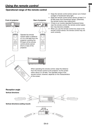 Page 9EN-9
ENGLISH
30°  30° 30°  30° 
Using the remote control
20° 
10° 20° 
10° 
20°20°20°20°
Operational range of the remote control
•  Keep the remote control photo-sensor out of direct 
sunlight or ﬂ uorescent lamp light.
•  Keep the remote control photo-sensor at least 2 m  
(6 feet) away from ﬂ uorescent lamps. Otherwise, 
the remote control may malfunction.
•  If there is an inverter-operated ﬂ uorescent lamp 
near the remote control, the remote control opera-
tion may become unstable.
•  When you use...