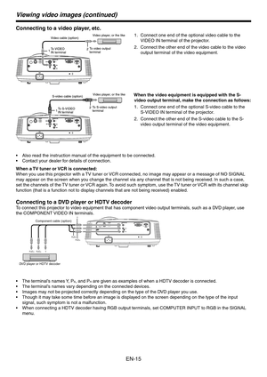 Page 15
EN-15

Viewing video images (continued)
Connecting to a video player, etc.
Connect one end of the optional video cable to the 
VIDEO IN terminal of the projector.
Connect the other end of the video cable to the video 
output terminal of the video equipment.
When the video equipment is equipped with the S-
video output terminal, make the connection as follows:
Connect one end of the optional S-video cable to the 
S-VIDEO IN terminal of the projector.
Connect the other end of the S-video cable to the S-...