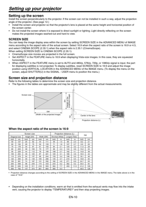 Page 10
EN-10

Setting up your projector
Setting up the screen
Install the screen perpendicularly to the projector. If the screen can not be installed in such a way, adjust the projection 
angle of the projector. (See page 1.)
Install the screen and projector so that the projector’s lens is placed at the same height and horizontal position of 
the screen center.
Do not install the screen where it is exposed to direct sunlight or lighting. Light directly reflecting on the screen 
makes the projected images...