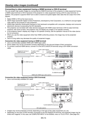 Page 15EN-15
HDMI IN
SERIAL DVI-D(HDCP) IN
TRIGGERCOMPUTER IN/
COMPONENT
VIDEO IN
VIDEO IN
S-VIDEO
INPR/
CRPB/
CB
COMPONENT
VIDEO IN
AC IN
HDMI IN
SERIAL DVI-D(HDCP) IN
TRIGGERCOMPUTER IN/
COMPONENT
VIDEO IN
VIDEO IN
S-VIDEO
INPR/
CRPB/
CB
COMPONENT
VIDEO IN
AC IN
To audio output 
terminals
Connecting to video equipment having a HDMI terminal or DVI-D terminal
You can project high-quality images by connecting the HDMI IN terminal of this projector to video equipment having 
a HDMI output terminal or DVI-D...