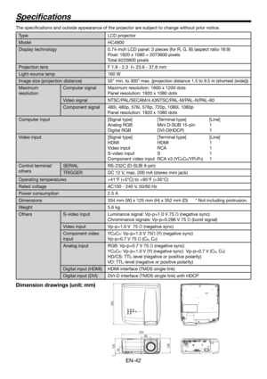 Page 42EN-42
The speciﬁ cations and outside appearance of the projector are subject to change without prior notice.
Type LCD projector
Model HC4900
Display technology 0.74-inch LCD panel: 3 pieces (for R, G, B) (aspect ratio 16:9)
Pixel: 1920 x 1080 = 2073600 pixels
Total 6220800 pixels
Projection lens F 1.8 - 2.3  f= 23.6 - 37.6 mm
Light-source lamp 160 W
Image size (projection distance)
50” min. to 300” max. (projection distance 1.5 to 9.5 m (shortest (wide)))
Maximum 
resolutionComputer signal Maximum...