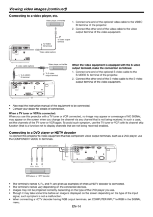 Page 14EN-14
HDMI IN
SERIAL DVI-D(HDCP) IN
TRIGGERCOMPUTER IN/
COMPONENT
VIDEO IN
VIDEO IN
S-VIDEO
INPR/
CRPB/
CB
COMPONENT
VIDEO IN
AC IN
1 2 
1 2 
HDMI IN
SERIAL DVI-D(HDCP) IN
TRIGGERCOMPUTER IN/
COMPONENT
VIDEO IN
VIDEO IN
S-VIDEO
INPR/
CRPB/
CB
COMPONENT
VIDEO IN
AC IN
PB/CBY PR/CR 
PB/CB
Y
P
R/CR
HDMI IN
SERIAL DVI-D(HDCP) IN
TRIGGERCOMPUTER IN/
COMPONENT
VIDEO IN
VIDEO IN
S-VIDEO
INPR/
CRPB/
CB
COMPONENT
VIDEO IN
AC IN
Y Component cable (option)
Connect one end of the optional video cable to the VIDEO...