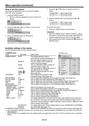 Page 25EN-25
How to set the menus:
The following describes how to set AUTO POWER 
OFF time as an example.
Press the MENU button.
When no signal is applied, the menu would not 
appear.
IMAGE
opt.
AV MEMORY 1
Press the W or X button to select a menu to use.
INS T ALL A TION 
opt.
A V MEMO R Y 1 
Press the ENTER button (or T button).
opt.
STANDARD LAMP MODE
AV MEMORY 1
INSTALLATION
1.
•
2.
3.
1. IMAGE menu
ITEM SETTING FUNCTION
CONTRAST
IMAGE
0
BRIGHTNESS 0
0
COLOR
OK MEDIUM
0
TINT
0SHARPNESS
COLOR TEMP.
ADVANCED...