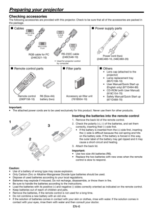 Page 6EN-6
23 Checking accessories
The following accessories are provided with this projector. Check to be sure that all of the accessories are packed in 
the package.
CablesPower supply parts
Remote control partsFilter partsOthers
Lens cap (attached to the 
projector)
Lamp replacement tray 
(857C106-10)
User Manual/Quick Start up 
(English only) (871D494-80)
CD-ROM (with User Manual) 
(919C154-70)
Safety Manual/Quick Start up 
(871D489-70)

•
•
•
•
•
Important:
The attached power cords are to be used...