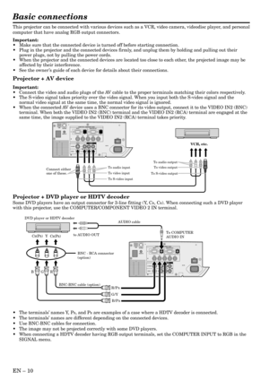 Page 10EN – 10
Basic connections
This projector can be connected with various devices such as a VCR, video camera, videodisc player, and personal
computer that have analog RGB output connectors.
Important:
•Make sure that the connected device is turned off before starting connection.
•Plug in the projector and the connected devices firmly, and unplug them by holding and pulling out their
power plugs, not by pulling the power cords.
•When the projector and the connected devices are located too close to each...
