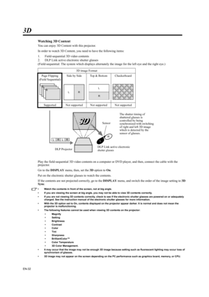 Page 32EN-32
3D
Watching 3D Content
You can enjoy 3D Content with this projector.
In order to watch 3D Content, you need to have the following items:
1. Field-sequential 3D video contents
2. DLP Link active electronic shutter glasses
(Field-sequential: The system which displays alternately the image for the left eye and the right eye.)
Play the field-sequential 3D video contents on a computer or DVD player, and then, connect the cable with the 
projector.
Go to the DISPLAY menu, then, set the 3D option to On....