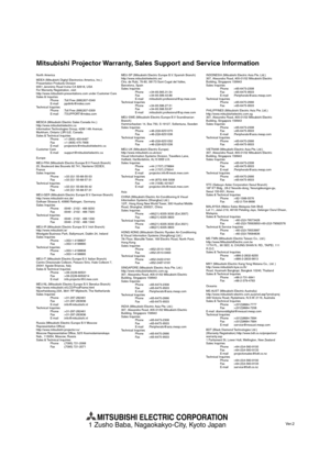 Page 55EN-44
Mitsubishi Projector Warranty, Sales Support and Service Information
North America
MDEA (Mitsubishi Digital Electronics America, Inc.)
Presentation Products Division
9351 Jeronimo Road Irvine CA 92618, USA
For Warranty Registration, visit:
http://www.mitsubishi-presentations.com under Customer Care
Sales & Inquiries
  Phone  :Toll Free (888)307-0349
 E-mail :ppdinfo@mdea.com
Technical Inquiries
  Phone  :Toll Free (888)307-0309
 E-mail :TSUPPORT@mdea.com
MESCA (Mitsubishi Electric Sales Canada...