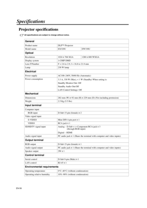 Page 56EN-56
Specifications
Projector specifications 
All specifications are subject to change without notice. 
General
Product nameDLP™ Projector
Model name EX320UEW330U
Optical
Resolution 1024 x 768 XGA  1280 x 800 WXGA
Display system 1-CHIP DMD
Lens F/Number F = 2.6 to 2.9, f = 16.8 to 21.8 mm
Lamp 230 W lamp
Electrical
Power supplyAC100–240V, 50/60 Hz (Automatic)
Power consumption 3.3 A, 330 W (Max), < 1 W (Standby) When setting is:
Standby Monitor Out: Off
Standby Audio Out:Off
LAN Control Settings: Off...