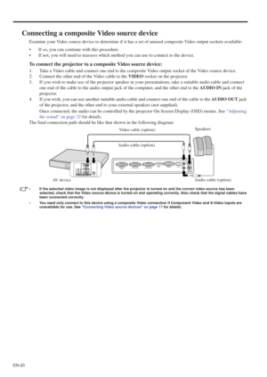 Page 20EN-20
Connecting a composite Video source device
Examine your Video source device to determine if it has a set of unused composite Video output sockets available: 
• If so, you can continue with this procedure.
• If not, you will need to reassess which method you can use to connect to the device.
To connect the projector to a composite Video source device:
1. Take a Video cable and connect one end to the composite Video output socket of the Video source device.
2. Connect the other end of the Video cable...