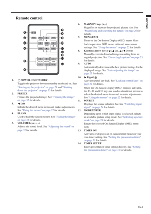 Page 9EN-9
ENGLISH
Remote control
1. POWER (ON/STANDBY)
Toggles the projector between standby mode and on. See 
Starting up the projector on page 21andShutting 
down the projector on page 33for details.
2. FREEZE
Freezes the projected image. See Freezing the image 
on page 32 for details.
3. Left
Selects the desired menu items and makes adjustments. 
See Using the menus on page 22 for details.
4. BLANK
Used to hide the screen picture. See Hiding the image 
on page 32 for details.
5. VOLUME keys (+, -)
Adjusts...