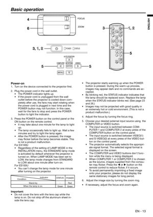 Page 13 EN - 13
ENGLISH
Basic operation
•  The projector starts warming up when the POWER 
button is pressed. During the warm-up process, 
images may appear dark and no commands are ac-
cepted.
•  By blinking red, the STATUS indicator indicates that 
the lamp should be replaced soon. Replace the lamp 
when the STATUS indicator blinks red. (See page 23 
and 26.) 
•  Images may not be projected with good quality in 
an extremely hot or cold environment. (This is not a 
product malfunction.) 
4.  Adjust the focus...