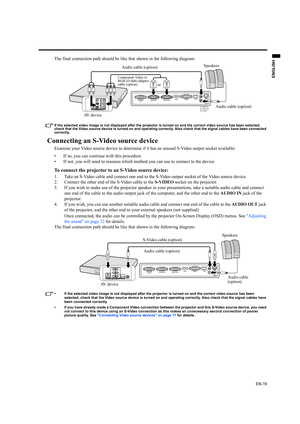 Page 19EN-19
ENGLISH
The final connection path should be like that shown in the following diagram:
If the selected video image is not displayed after the projector is turned on and the correct video source has been selected, 
check that the Video source device is turned on and operating correctly. Also check that the signal cables have been connected 
correctly.
Connecting an S-Video source device
Examine your Video source device to determine if it has an unused S-Video output socket available: 
• If so, you...