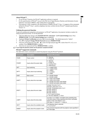 Page 39EN-39
ENGLISH
About PJLink™
• To use PJLink™ function, the PJLink™ application software is required.
• For the specifications of PJLink™, access to the Web site of Japan Business Machine and Information System 
Industries Association (JBMIA). (http://pjlink.jbmia.or.jp/english)
• This projector is fully compliant to the specifications of JBMIA PJLink™ Class 1. It supports all the commands 
defined by PJLink™ Class 1, and the compliance has been verified with the PJLink™ standard specifications 
Version...